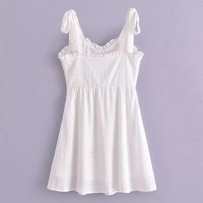 Spaghetti Strap Scoop Neck Ruffle Trim Mini A-Line Dress aa25