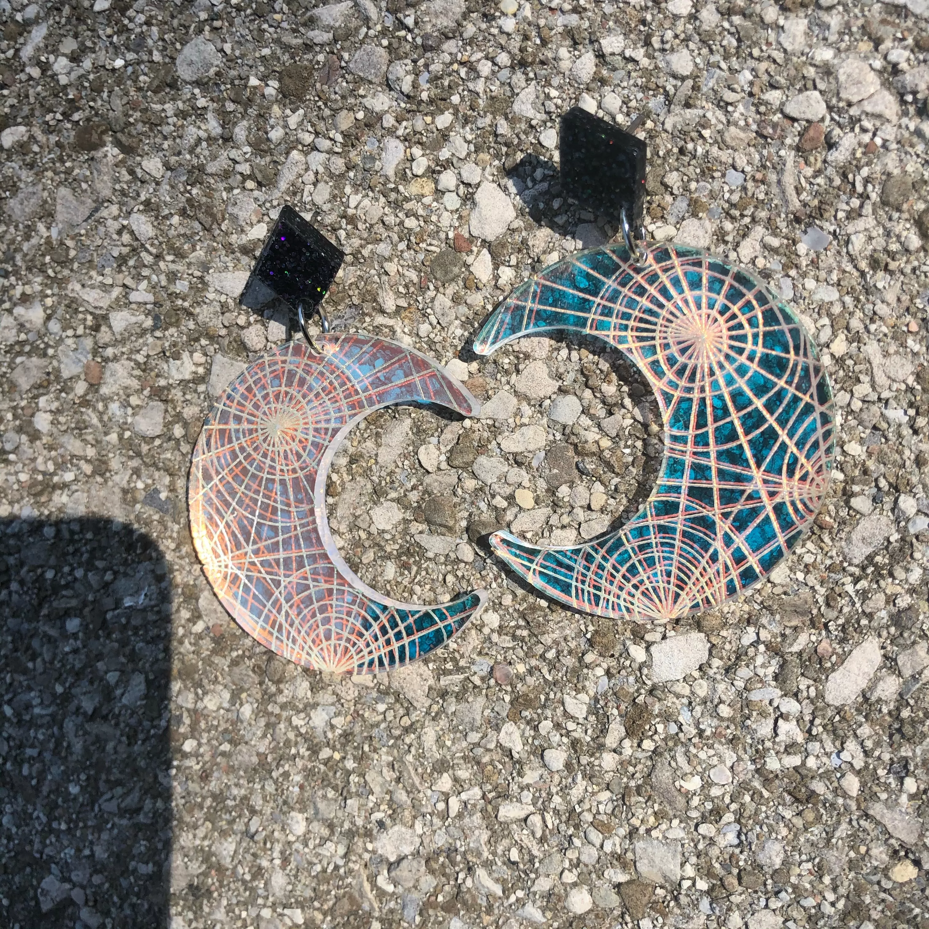 Spiderweb Moon Iridescent Dangle Earrings