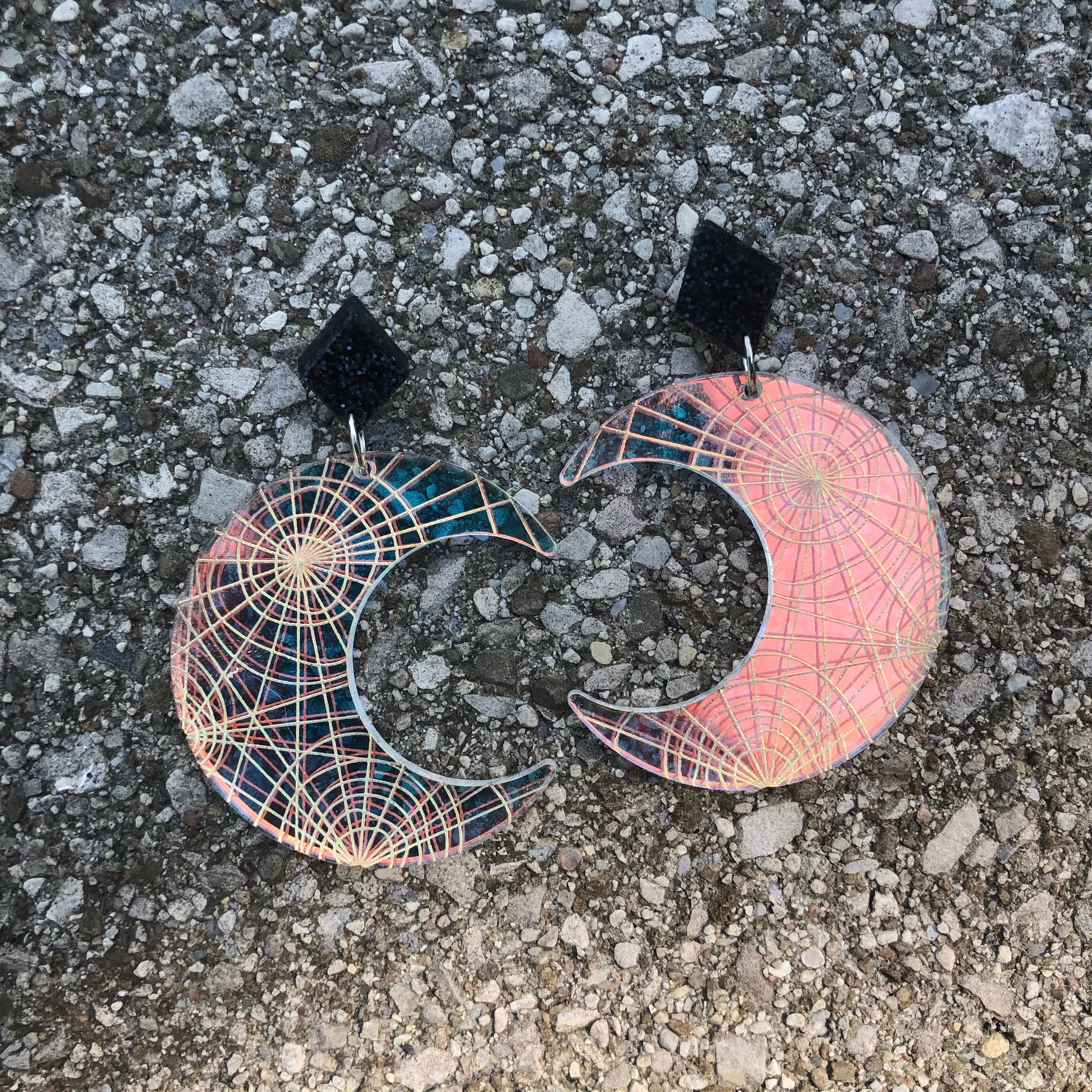 Spiderweb Moon Iridescent Dangle Earrings