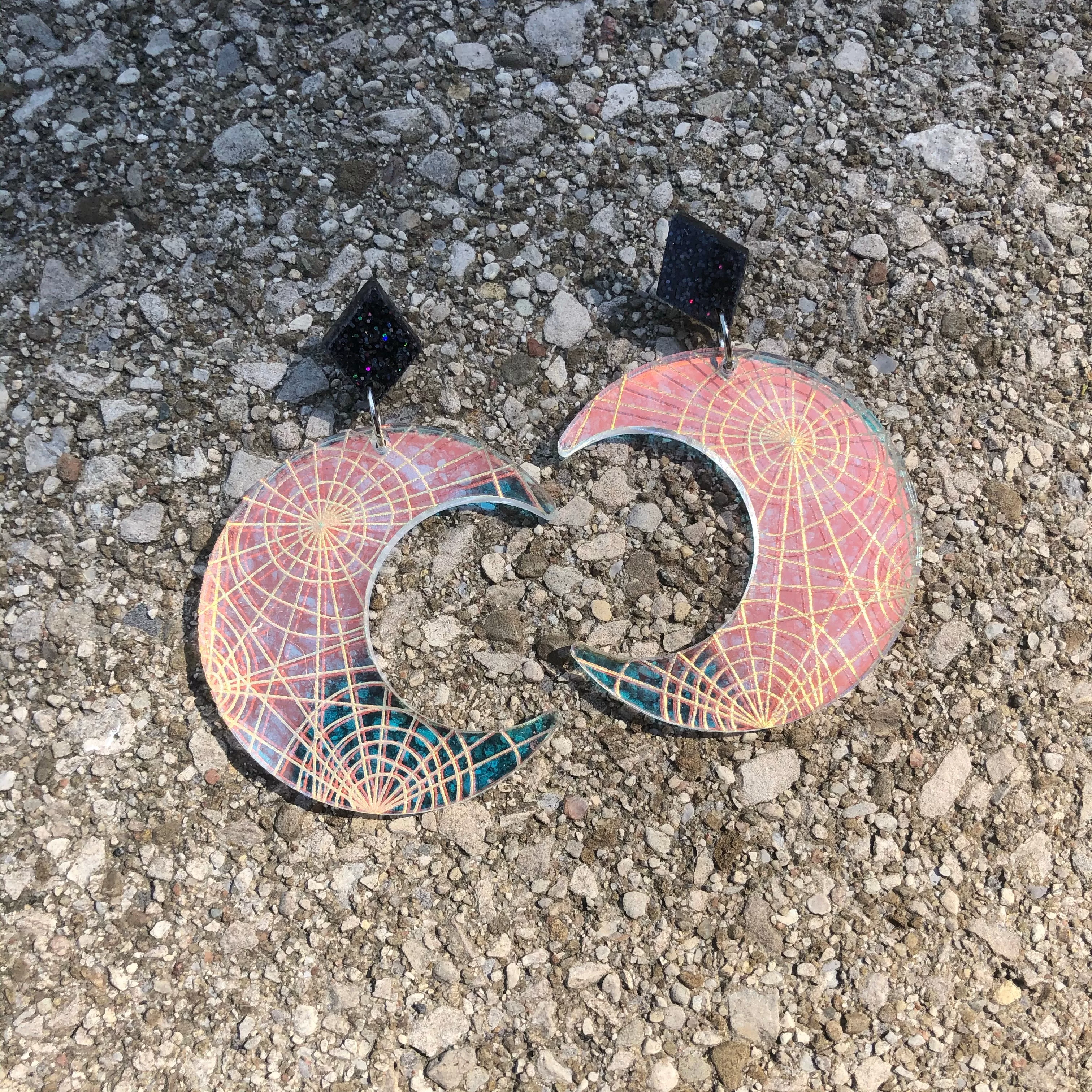 Spiderweb Moon Iridescent Dangle Earrings