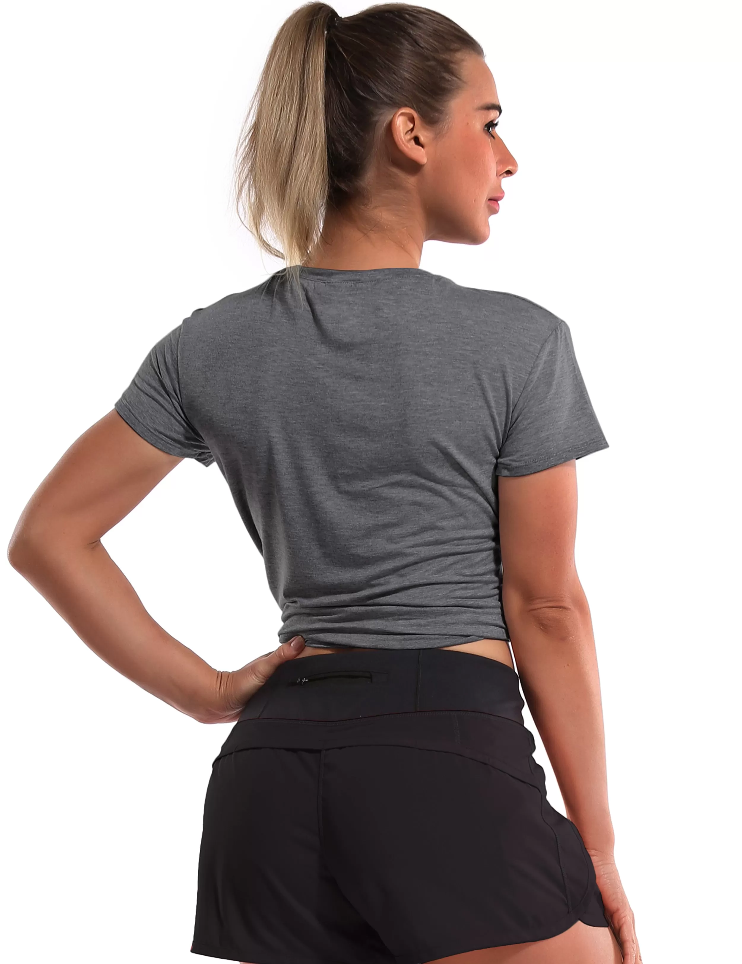 Tie Up Crop Top Short Sleeve T-Shirt heathercharcoal_yogastudio