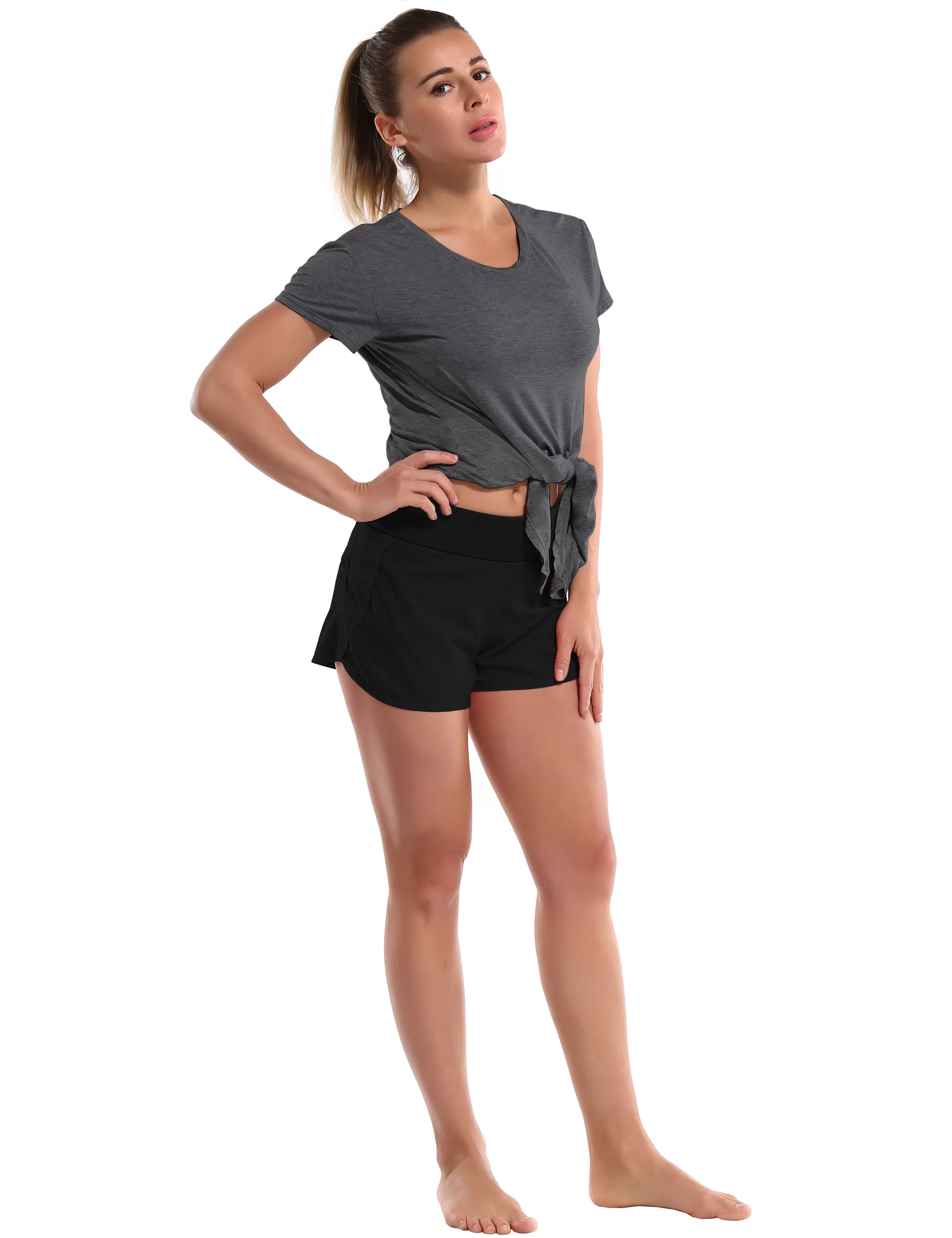 Tie Up Crop Top Short Sleeve T-Shirt heathercharcoal_yogastudio