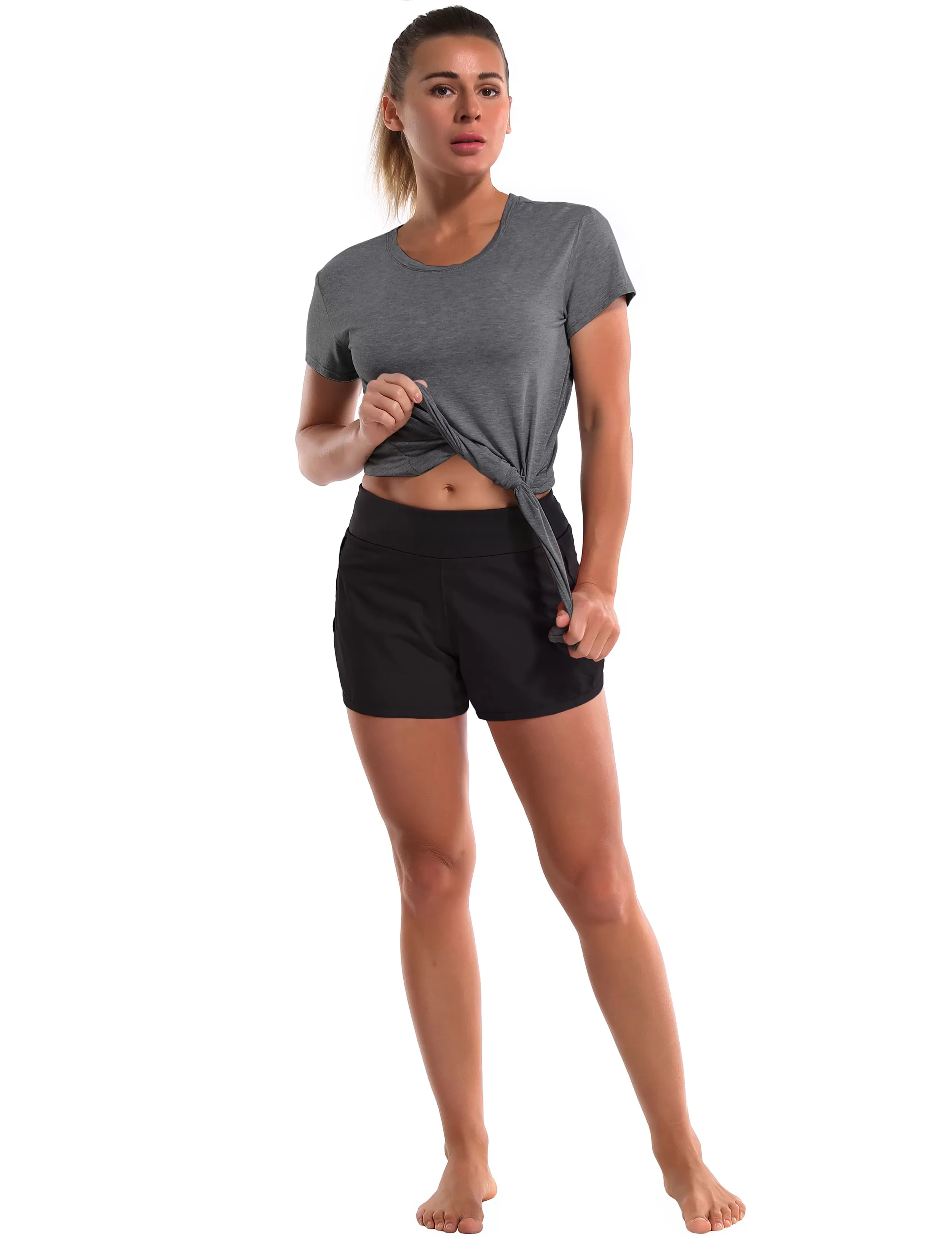 Tie Up Crop Top Short Sleeve T-Shirt heathercharcoal_yogastudio