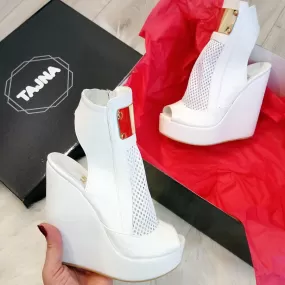 White Filet Peep Toe Wedge Platform Shoes