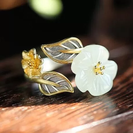 White Hetian Jade Flower Ring - 925 Sterling Silver