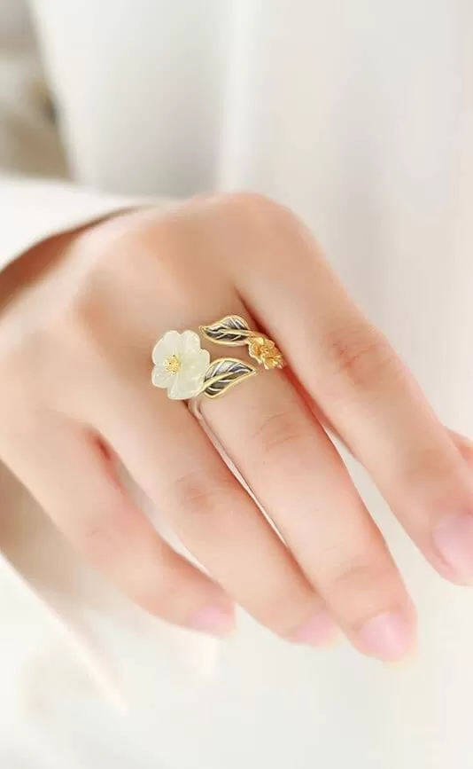 White Hetian Jade Flower Ring - 925 Sterling Silver