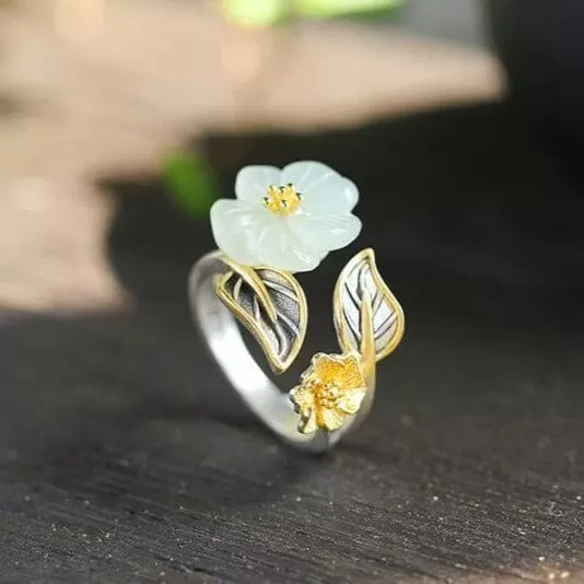 White Hetian Jade Flower Ring - 925 Sterling Silver