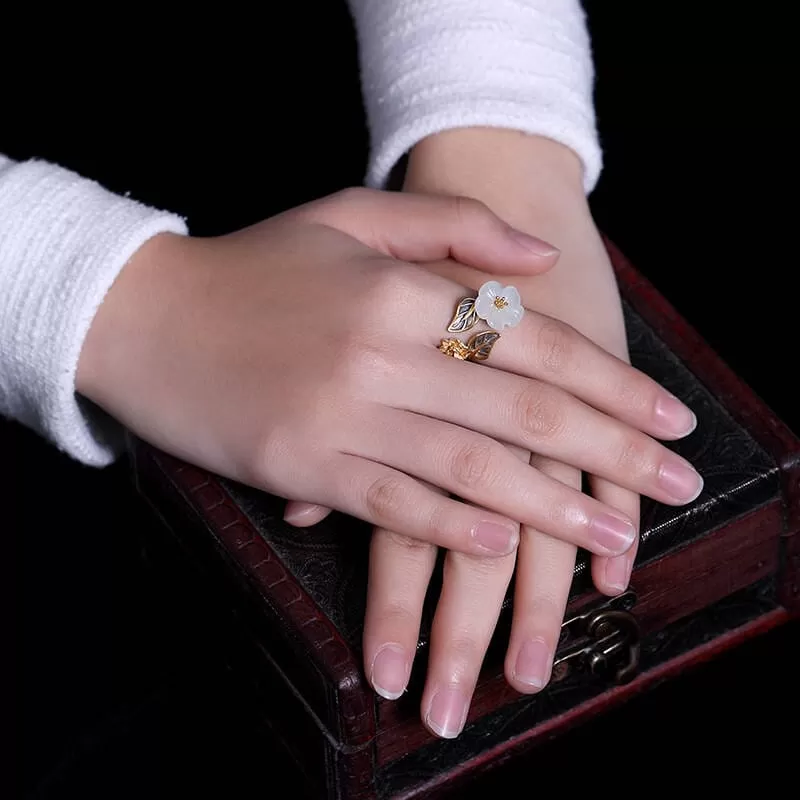 White Hetian Jade Flower Ring - 925 Sterling Silver