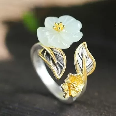 White Hetian Jade Flower Ring - 925 Sterling Silver