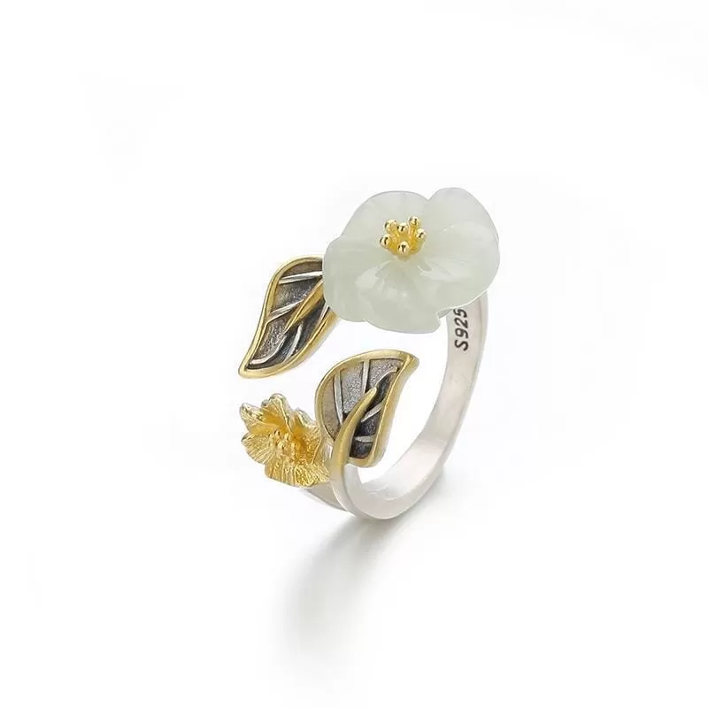 White Hetian Jade Flower Ring - 925 Sterling Silver