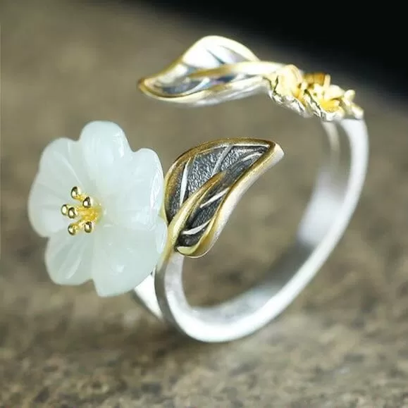 White Hetian Jade Flower Ring - 925 Sterling Silver