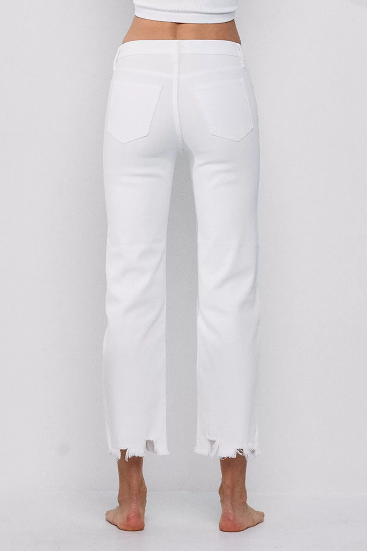 White MID RISE CROP KICK FLARE JEANS WITH FRAYED HEM