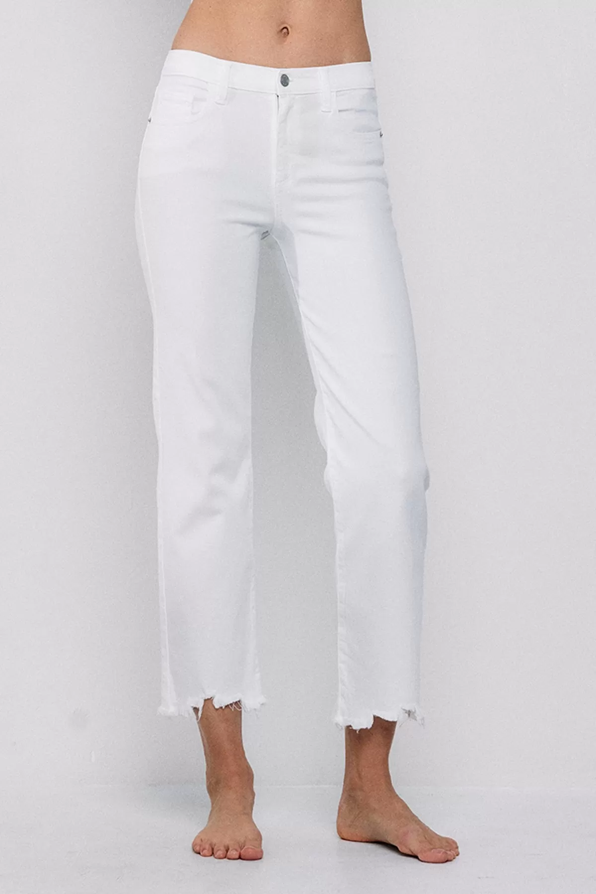 White MID RISE CROP KICK FLARE JEANS WITH FRAYED HEM