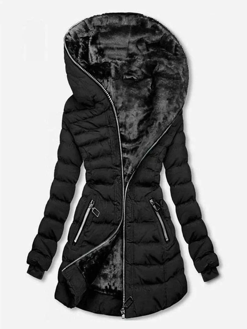 Women's Long Puffer Jacket with Full Zip and Hood in Multiple Colors