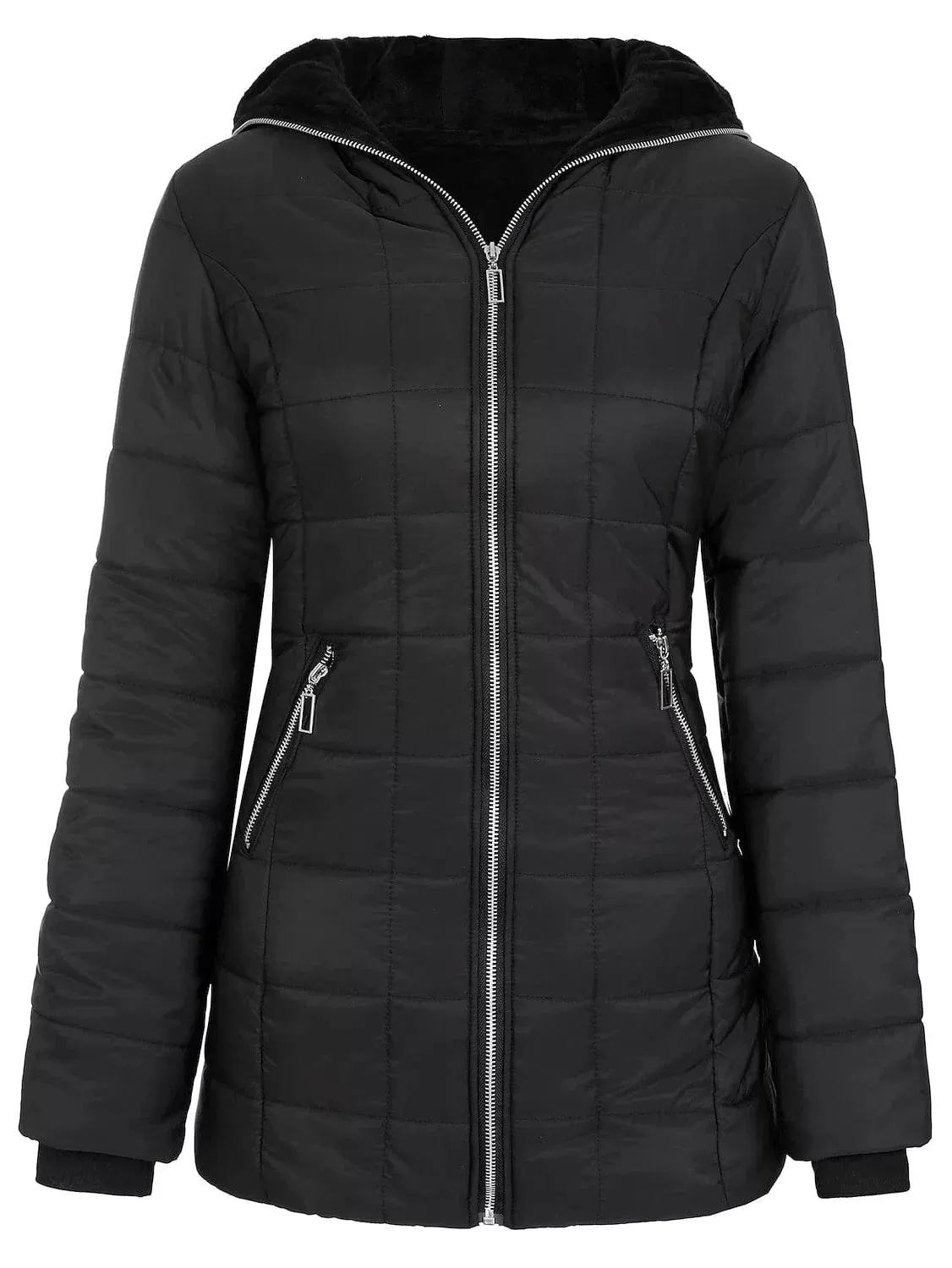 Women's Long Puffer Jacket with Full Zip and Hood in Multiple Colors