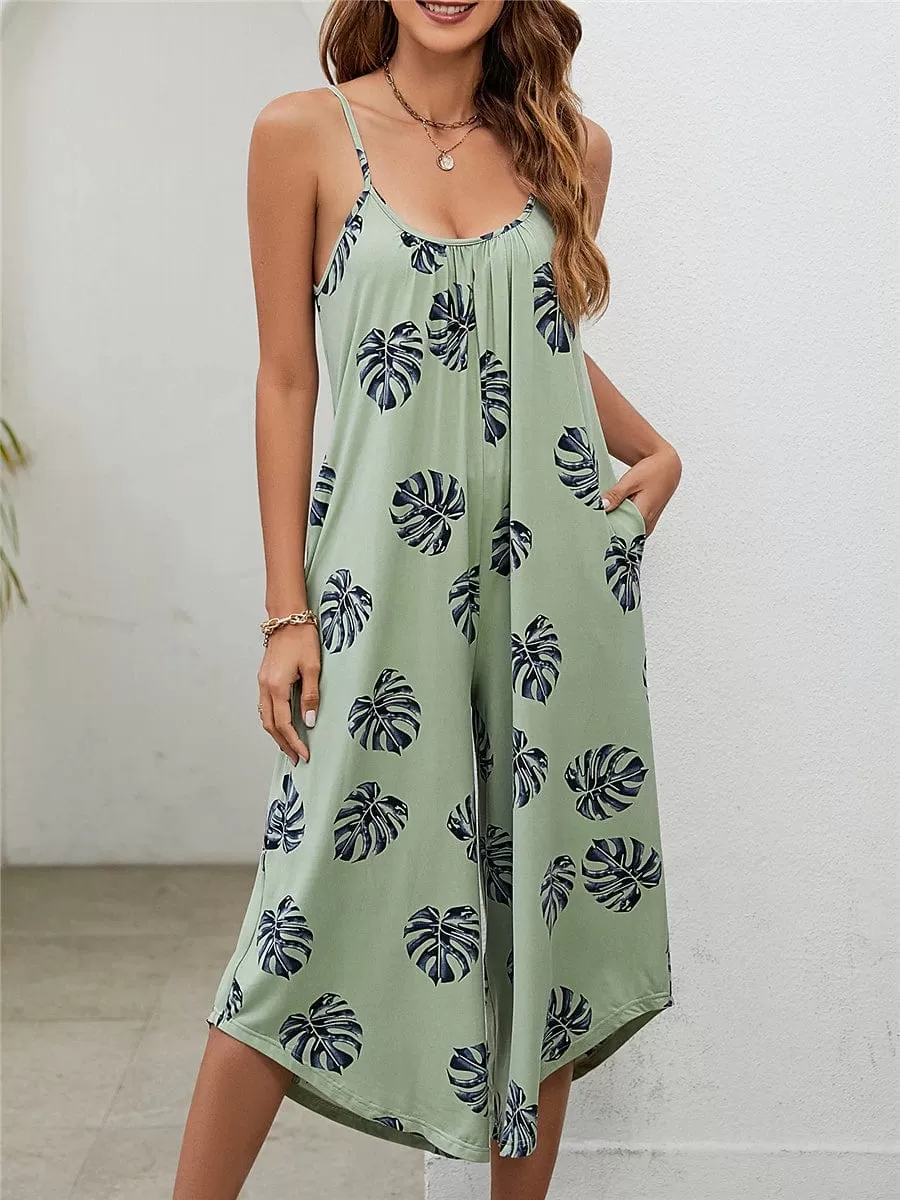 Women's Sleeveless Floral Print Romper in Dusty Blue and Green