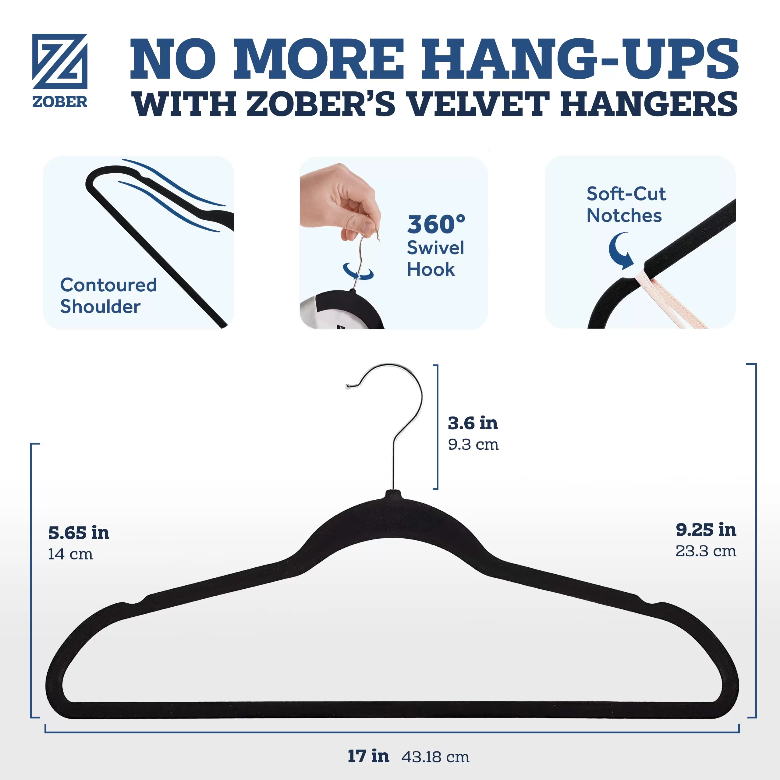 Zober Velvet Hangers 50 Pack - Heavy Duty Black Hangers for Coats, Pants & Dress Clothes - Non Slip Clothes Hanger Set - Space Saving Felt Hangers for Clothing