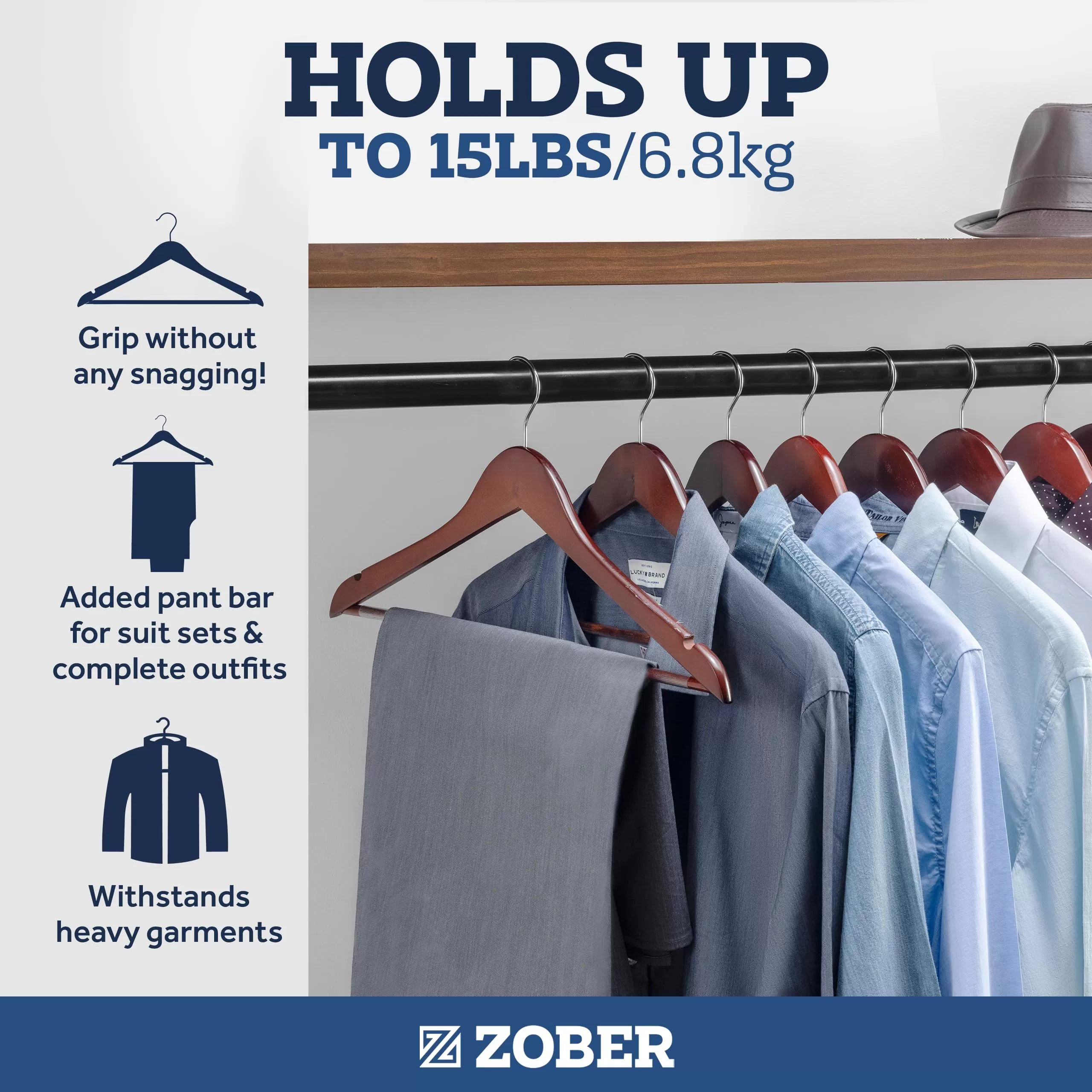 ZOBER Wooden Hangers - 20 Pack, Heavy Duty, Non Slip Wood Hangers for Coats,Suits, Jackets, & Pants - Clothes Hangers for Closet W/Bar and Notches