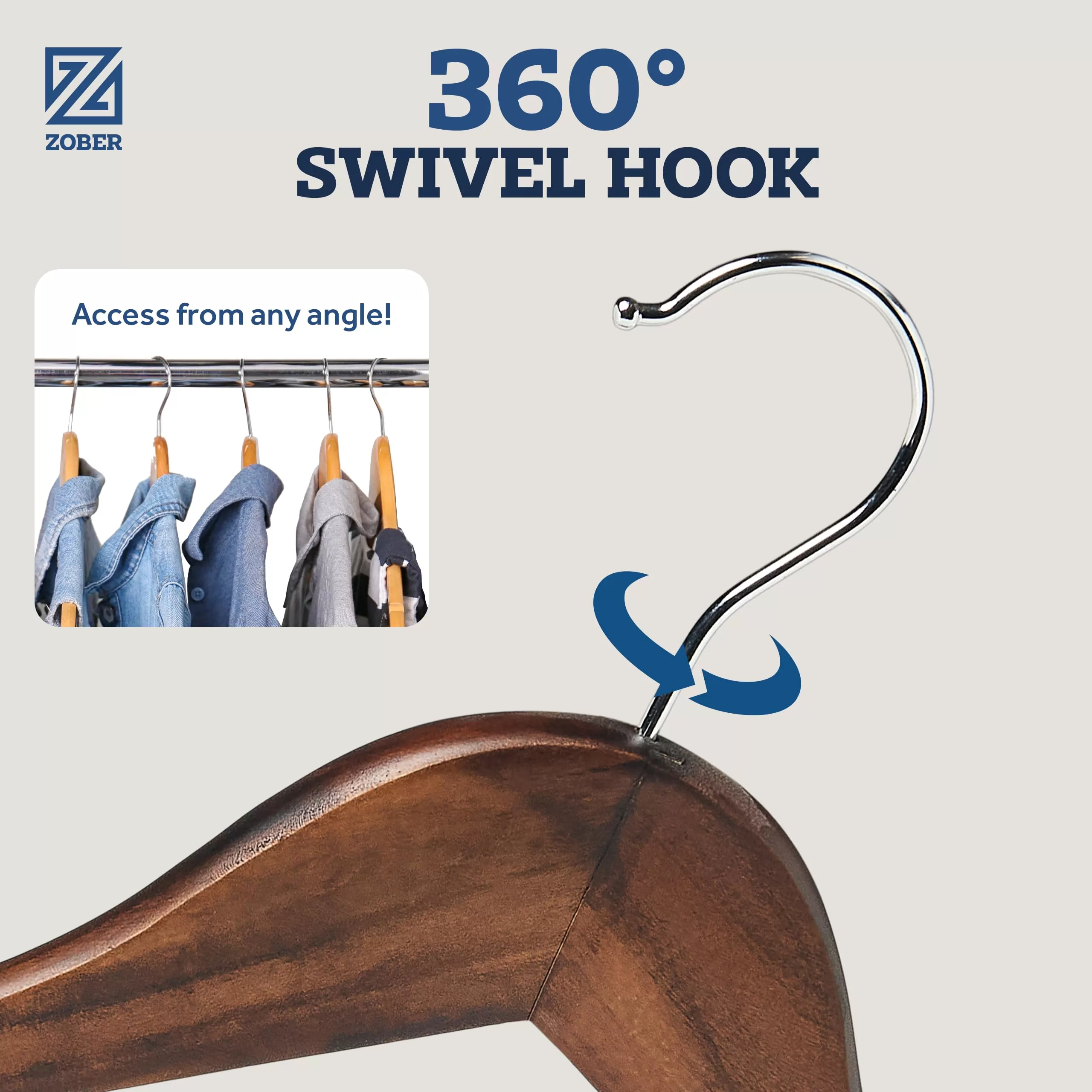 ZOBER Wooden Hangers - 20 Pack, Heavy Duty, Non Slip Wood Hangers for Coats,Suits, Jackets, & Pants - Clothes Hangers for Closet W/Bar and Notches