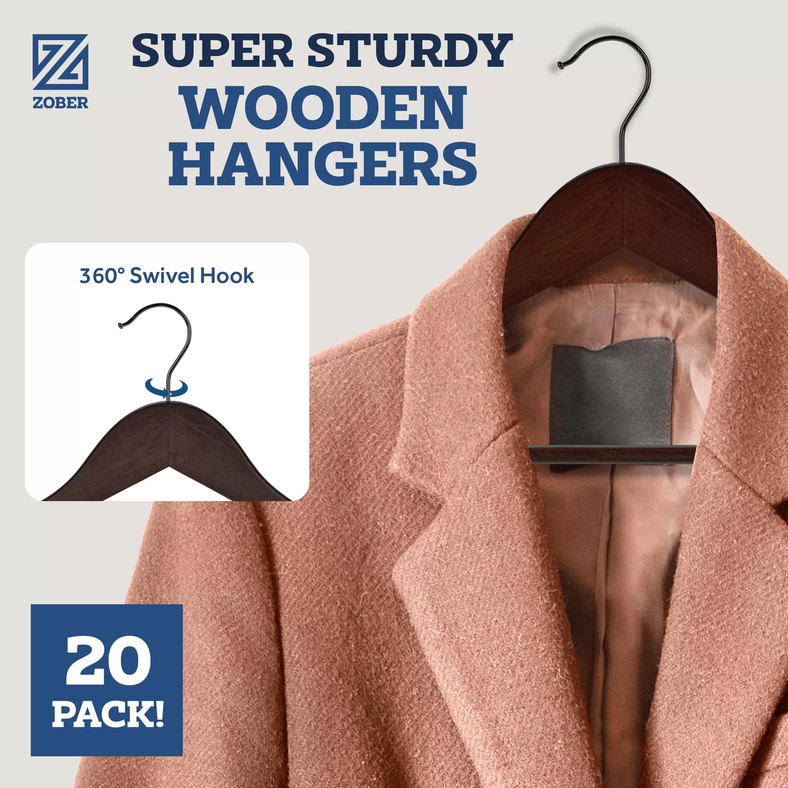 ZOBER Wooden Hangers - 20 Pack, Heavy Duty, Non Slip Wood Hangers for Coats,Suits, Jackets, & Pants - Clothes Hangers for Closet W/Bar and Notches